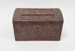 Early 20th century carved oak letterbox with two slots 'answered' and 'unanswered', 24cm wide
