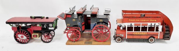 Painted scratch-bult model of a stagecoach on wooden plinth base 47cm long, scratch-built wooden