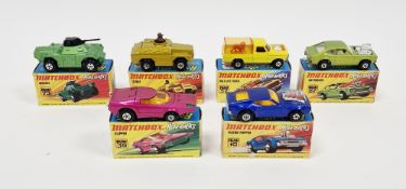 Six boxed Matchbox Rola-matics diecast model cars to include No.28 Stoat, No.57 Wild Life Truck,