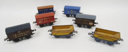Seven Hornby tinplate '0' gauge wagons to include Carrs Seccotine with box, Trinidad Lake Asphalt,