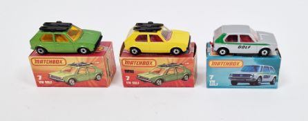 Three boxed Matchbox Superfast diecast model cars No.7 VW Golf to include one in green body,