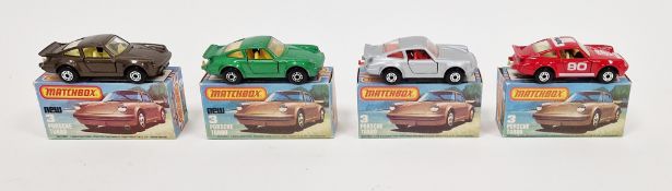 Four boxed Matchbox diecast model cars No.3 Porsche Turbo to include one in metallic brown, gloss