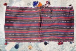 Large tasseled Afghanistan saddle bag, antique, blue, orange and red, hand knotted, 135cm x 68cm