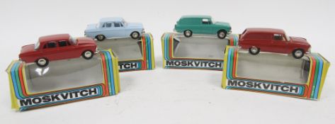 Four boxed Moskvitch diecast metal cars 1:43 scale made in USSR (4)