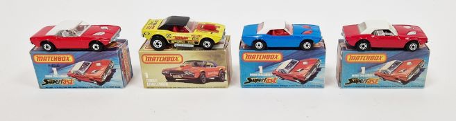 Four boxed Matchbox Superfast diecast model cars No.1 Dodge Challenger to include one in blue and