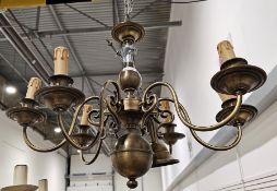 Contemporary six-light git-metal chandelier in brushed gilt-bronze style finish, with baluster