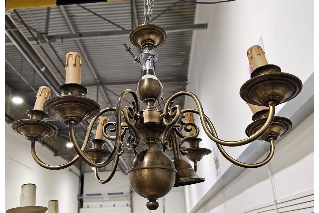 Contemporary six-light git-metal chandelier in brushed gilt-bronze style finish, with baluster