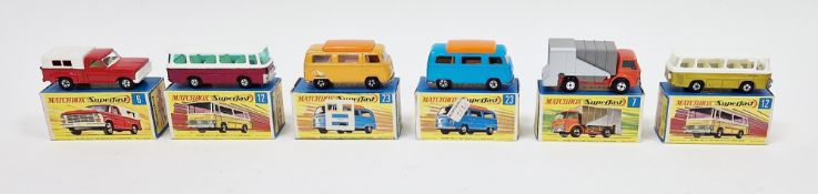 Six boxed Matchbox Superfast diecast model cars to include No.6 Ford Pick-Up, No.7 Ford Refuse
