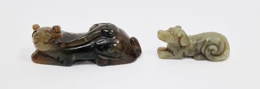 Chinese jade carved model of a dog, seated, 6cm wide and a Chinese carved jade model of kylin, 9cm