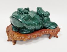 Large Chinese malachite carving of a bullfrog with three small frogs on its back, on a