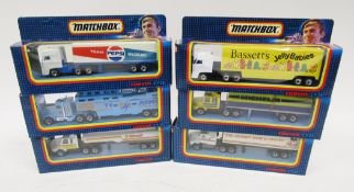 Six boxed Matchbox Convoy diecast models to include CY 23 Scania Covered Truck, CY 24 DAF Box Car,
