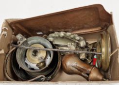 Mixed lot of metalware including a copper rectangular tray with scroll end handles, 42cm long, a
