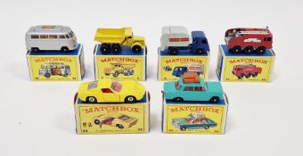 Six boxed Matchbox Series diecast model cars to include No.6 Euclid Quarry Truck, No.15 Denis Refuse