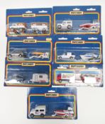 Seven carded Matchbox diecast twin packs including Big-top circus lorry and trailer, car and