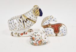 Royal Crown Derby porcelain model ram in Imari colours, 15cm high, a similar seated horse and a