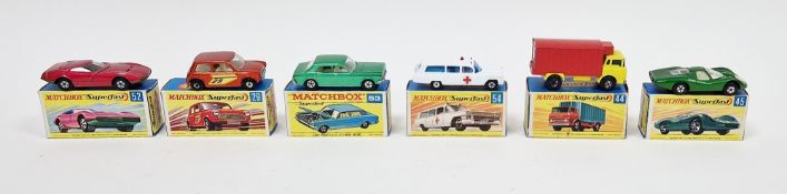 Six boxed Matchbox Superfast diecast model cars to include No.29 Racing Mini, No.44 Refrigerator
