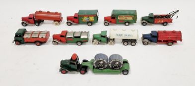 Nine Tri-ang Minic tinplate clockwork trucks or lorries including Minic dairies, Minic transport