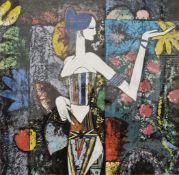 20th century Oriental school Gouache on paper Female surrounded by flowers, unsigned, framed and