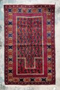 Pakistan hand knotted rug, box and square design in red, blue and cream with lovely border, 100%