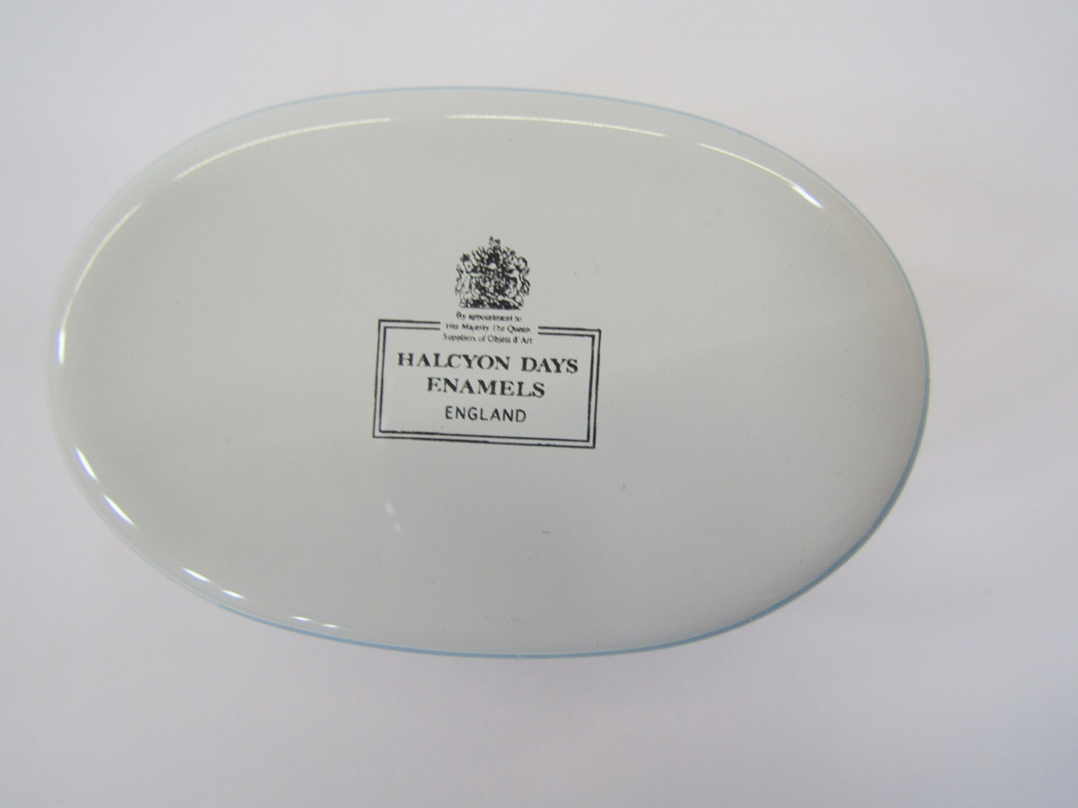 Halcyon Days travelling clock, blue and gold enamel, a similar trinket box, a white lidded pot - Image 21 of 34