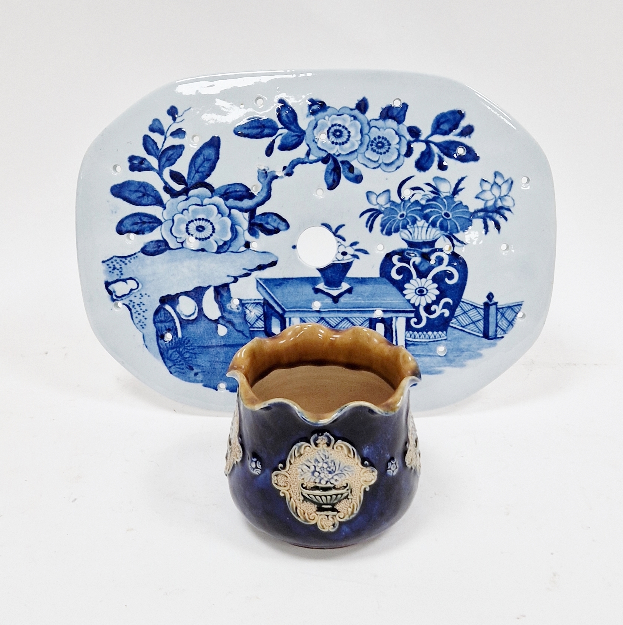 Masons Ironstone china drainer, rounded oblong with underglaze blue chinoiserie vase and foliate