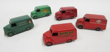 Five Dinky Trojan vans to include Chivers Jellies, Brooke Bond Tea, Esso, Cydrax and Dunlop the