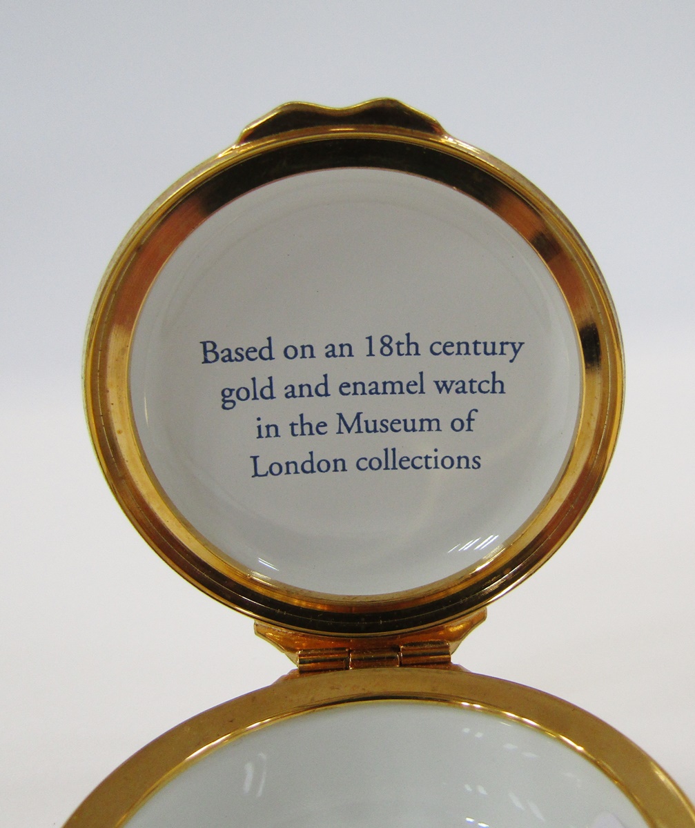 Halcyon Days travelling clock, blue and gold enamel, a similar trinket box, a white lidded pot - Image 30 of 34