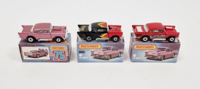 Three boxed Matchbox Superfast diecast model cars No.4 Chevy to include one in red and white 'Cherry