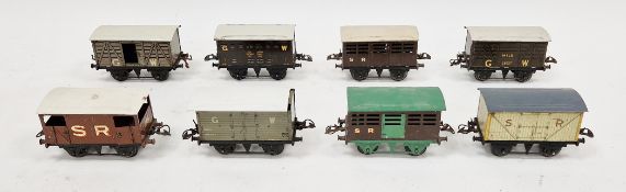 Collection of eight Hornby 0 gauge tinplate items of rolling stock including GW milk wagon, two SR