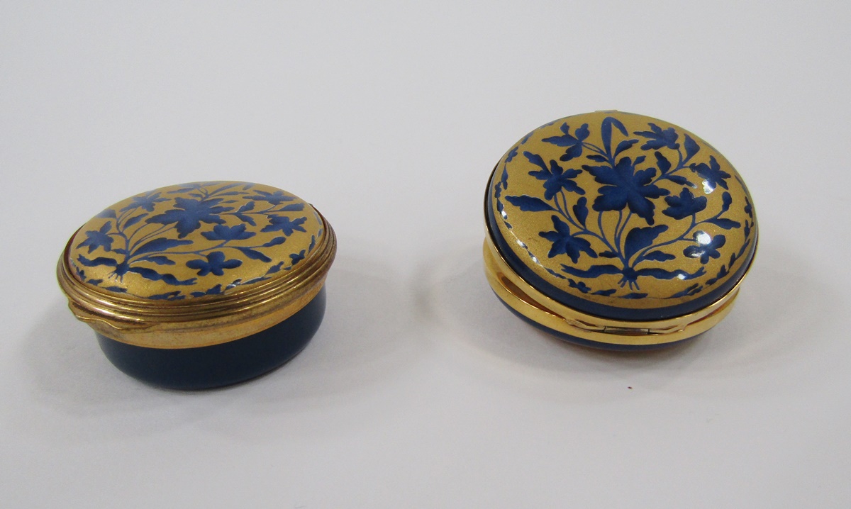Halcyon Days travelling clock, blue and gold enamel, a similar trinket box, a white lidded pot - Image 11 of 34