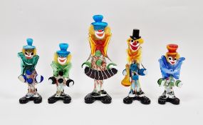 Five Murano glass figures of clowns, one holding a trumpet and another an accordion, 30.5cm high (