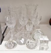 Six contemporary cut-glass wine-glasses, another smaller, two cut-glass vases, two faceted