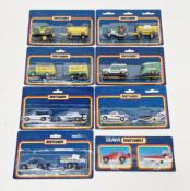 Eight carded Matchbox diecast twin packs including 3 cars with speed boats on trailers, Porsche