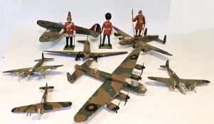 Three assembled Airfix figures including Coldstream guardsman together with approximately 13