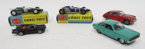 Two boxed Corgi diecast racing cars including 156 Cooper Maserati F/1 and 155 Lotus-Climax Formula 1