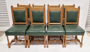 Set of eight Stroud Furniture Makers pale oak dining chairs, the backs with thumbnail carving and
