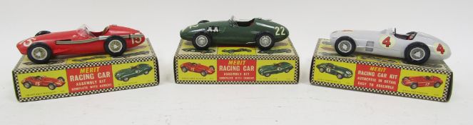 Three boxed Merit quick construction racing car kits including 1956 G.P. Connaught, 1955 G.P.