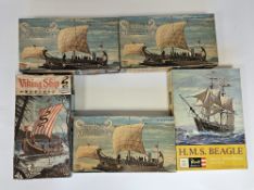 Aurora and other plastic assembly kits to include Aurora No.320- 260 Viking Ship, 3 X No. 435 -