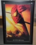 An original 2001 Spiderman 'Twin Towers' vinyl framed teaser movie banner, 96cm x 60cm (please