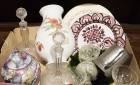 Portmeirion Evesham vase, a pair of small sherry decanters, assorted glassware, a pewter tankard