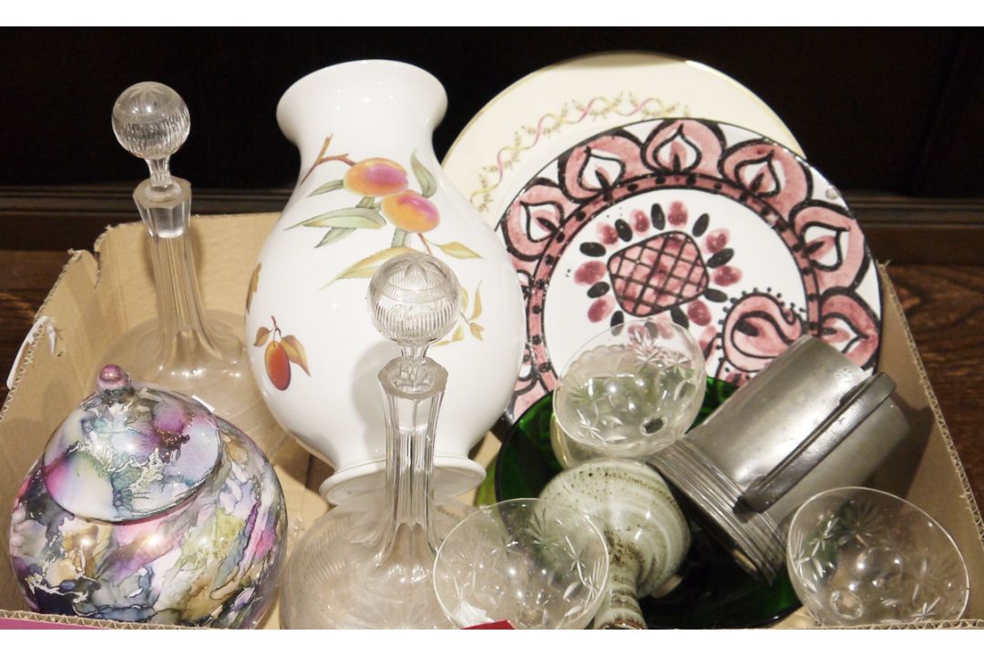 Portmeirion Evesham vase, a pair of small sherry decanters, assorted glassware, a pewter tankard