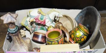 Mixed lot of wooden items including miniature rocking horse, bowls, lacquered lidded jars, etc