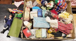 Assorted souvenir dolls, diecast vehicles, vintage biscuit tins, etc (2 boxes)
