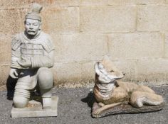 Stone garden ornament figure of a samurai warrior, 79cm high and a painted stone model of a fox (2)