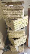 Five square stone planters formed as stacked bricks, 23cm high (5)