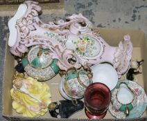 Assorted moulded wine glasses, a water jug, sherry glasses and other items, and ceramics to