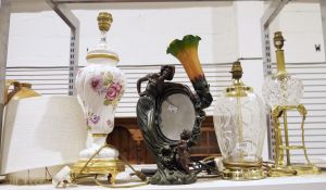 Contemporary Art Nouveau-style lamp and mirror, the lamp modelled as a girl with a cherub and an