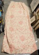 Pair of long lined curtains, yellow with an orange pattern, each curtain approximately 250cm long