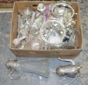 Assorted electroplate items to include trays, coffee pot, sweetmeat dishes, candlesticks, claret jug