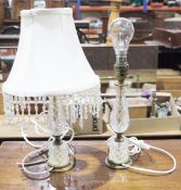 Pair of cut-glass and brass coloured table lamps, one with beaded shade, approx 22cm high (2)